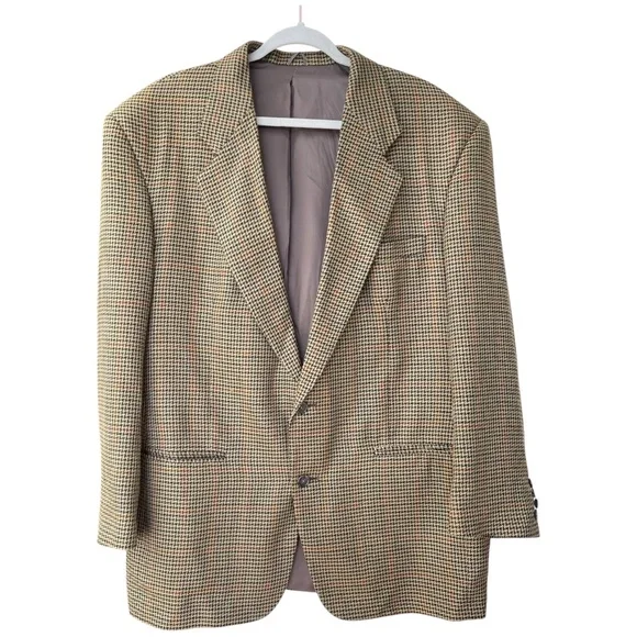 David G. Cotugno Mens 2 Button Silk Wool Blazer Jacket Beige Yellow Houndstooth - Picture 1 of 14